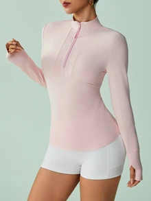 SHEIN Sovereign Charm 女款純色半拉鍊長袖運動運動衫 - 粉色 - 查看 3