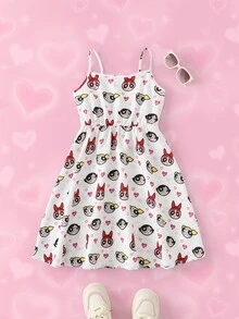 THE POWERPUFF GIRLS X SHEIN Gaun Kasual Anak Perempuan Remaja dengan Tali Bahu Tipis THE POWERPUFF GIRLS - Putih - View 1