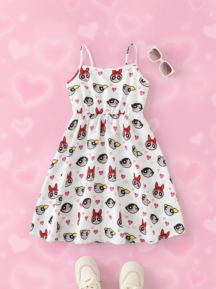 THE POWERPUFF GIRLS X SHEIN Gaun Kasual Anak Perempuan Remaja dengan Tali Bahu Tipis THE POWERPUFF GIRLS - Putih - View 1
