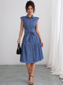 Elenzga Women's Loose Elegant Commute Casual Denim Dress - Blue - View 3