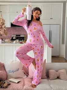 SweetSlumber Cute Sweet Christmas Snow House Candy Cane Gingerbread Man Print Asymmetrical Shoulder Long Sleeve Knit Women's Pajama Set - Pink - View 1