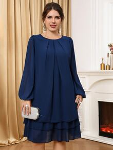 Miaspire Women's Plus Size Blue Lantern Sleeve Ruffle Hem Dress, Autumn/Winter - Blue - View 1