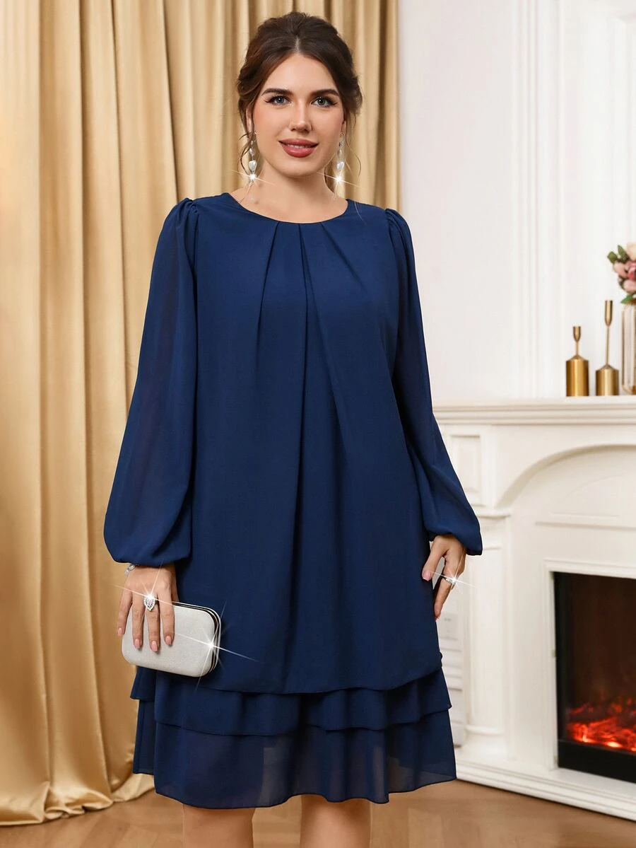 Miaspire Women's Plus Size Blue Lantern Sleeve Ruffle Hem Dress, Autumn/Winter - Blue - View 1
