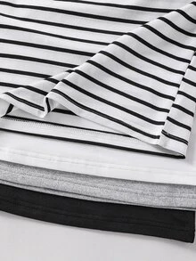 SHEIN Vacaura 4-Pack Long Sleeve T-Shirts Multipack, Casual Minimalist Solid Color & Horizontal Striped Crew Neck Pullover Basic Tees Set,Fall Tops - Black and White - View 6