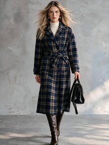 Trelyra European And American Style Autumn/Winter New Fashion Versatile Plaid Decor Lapel Loose Tie Elegant Commute Design Overcoat - Multicolor - View 2