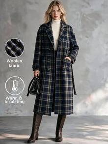 Trelyra European And American Style Autumn/Winter New Fashion Versatile Plaid Decor Lapel Loose Tie Elegant Commute Design Overcoat - Multicolor - View 1