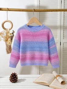 SHEIN Girls' Autumn/Winter Gradient Rainbow Macaron Color Textured Knit Sweater, Fashionable Minimalist Thick Long Sleeve Top - Multicolor - View 7