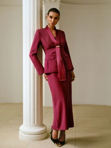 ZEYLAH Women's Elegant Suit Set With Metal Decor Lapel Blazer And Skirt - Burgundy - View 5