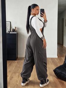 POPSWAY Plus Size Women's Casual Minimalist Commuter Woven Grey Utility Overall Jumpsuit, Autumn/Winter - Grey - View 2