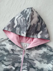 SHEIN 青少年女孩秋冬 Y2K 時尚迷彩印花寬鬆版型粉色撞色連帽長袖運動衫外套，前袋式袋鼠口袋，休閒街頭運動復古風 - 軍綠色 - 查看 4