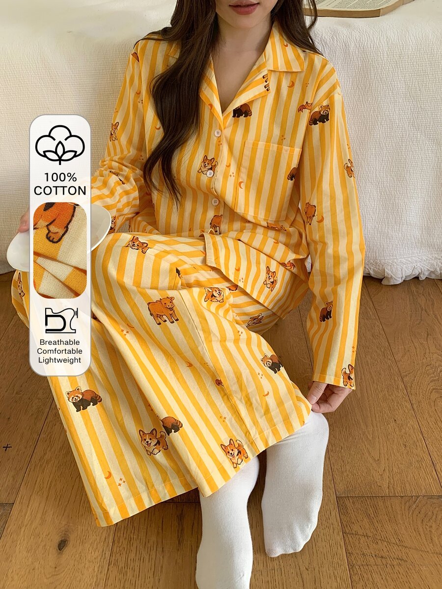 DAZY 女款卡通動物條紋單排扣上衣與長褲睡衣套裝 - 黃色 - 查看 1