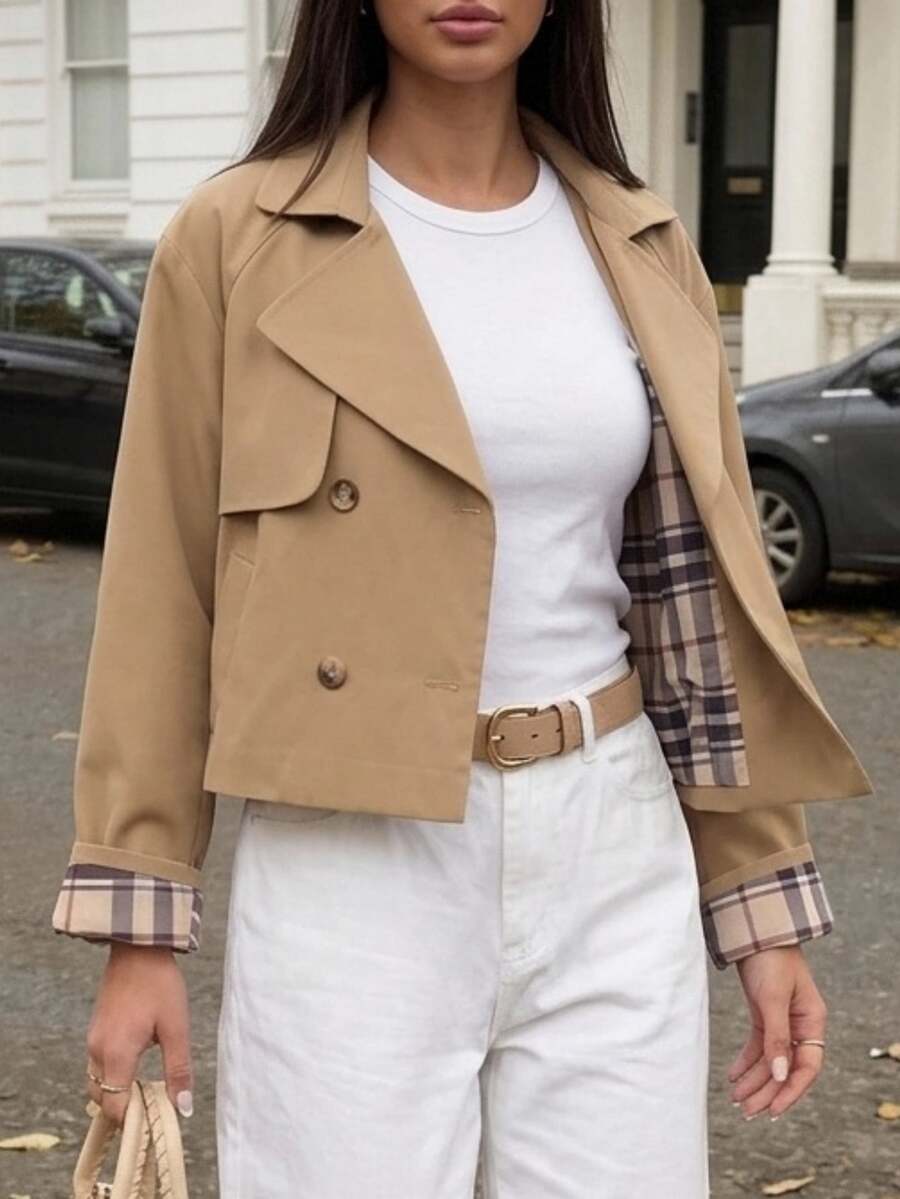 Comfortcana Women's Fashion Cropped Button Long Sleeve Jacket For Vacation - Khaki - View 1