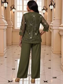 SHEIN Lady 女款對比蕾絲 2 合 1 上衣與長褲優雅套裝 - 軍綠色 - 查看 2