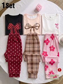 Tween Girls Pajamas Autumn/Winter New Plaid Bow Print Knit High Elastic Round Neck Top And All-Over Plaid Slim Fit Long Pants 2 Pieces Set Loungewear 1Set Snug Fit - Apricot - View 1