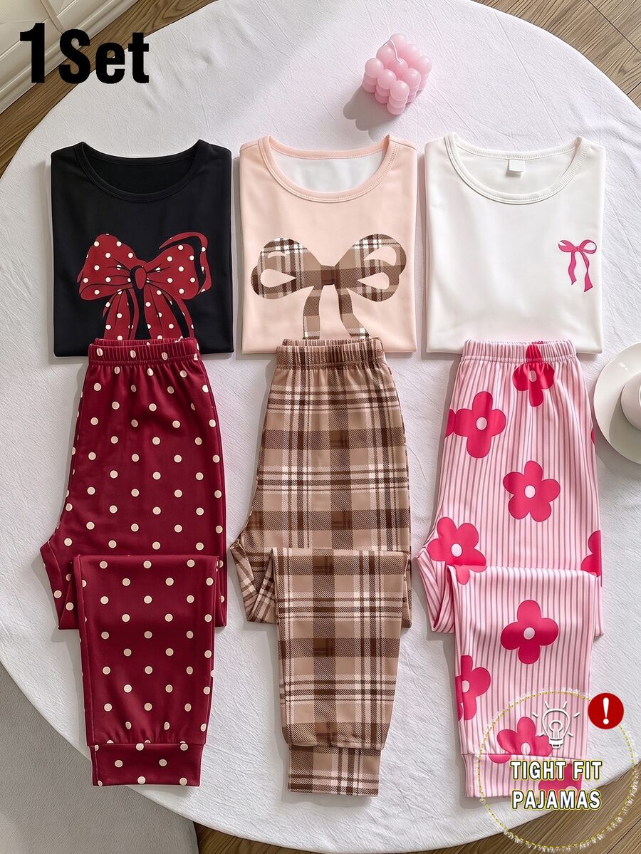 Tween Girls Pajamas Autumn/Winter New Plaid Bow Print Knit High Elastic Round Neck Top And All-Over Plaid Slim Fit Long Pants 2 Pieces Set Loungewear 1Set Snug Fit - Apricot - View 1