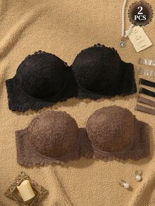 SHEIN Plus Size Underwire Sexy Lace Comfortable Push-Up Bra 2pcs/Set - Multicolor - View 1