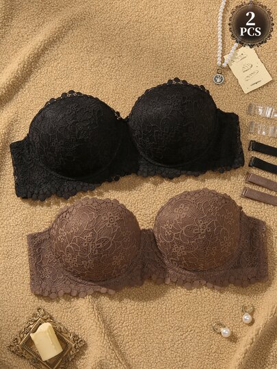 SHEIN Plus Size Underwire Sexy Lace Comfortable Push-Up Bra 2pcs/Set