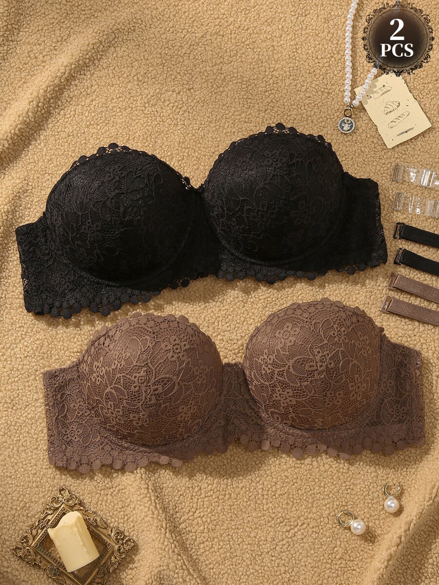 SHEIN Plus Size Underwire Sexy Lace Comfortable Push-Up Bra 2pcs/Set - Multicolor - View 1
