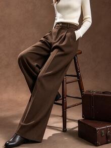 SHEIN Women's Solid Color Pleated Straight Leg Loose Casual Commute Pants - Chocolate Brown - View 6