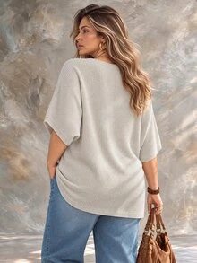 Ceyna Plus Size Women Solid Color Round Neck Batwing Short Sleeve Casual Knit Top - Apricot - View 2