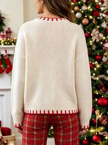Bytebia Bytebia Women's Heart Pattern Round Neck Drop Shoulder Long Sleeve Casual Christmas Sweater - Red and White - View 2