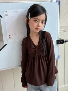 Dazy Kids Tween Girl) V-Neck Design A-Line Hem Long Sleeve Inner Layer Autumn T-Shirt - Brown - View 6