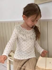 DAZY Young Girl) Round Neck Casual Polka Dot Design Fitted Base Layer T-Shirt - Beige - View 6