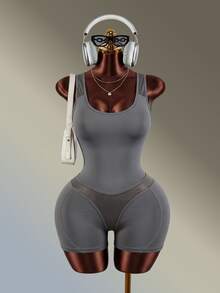 Amplova Women's Plus Size Grey Plain PU Fabric Patchwork Tank Top Backless Jumpsuit - Grey - View 8