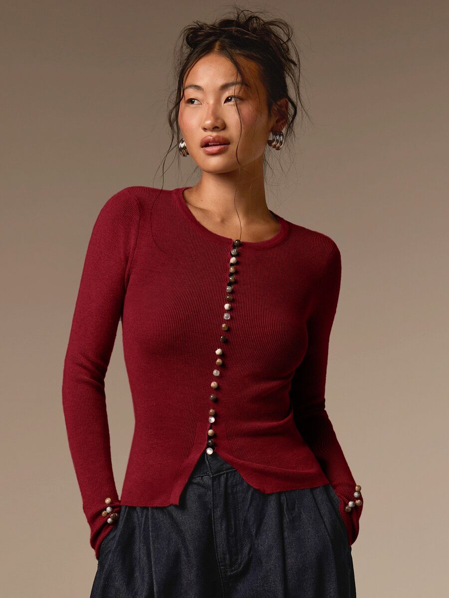 COSMINA 女款休閒優雅瑪瑙鈕扣淺棕色針織上衣 - 紅色 - 查看 1