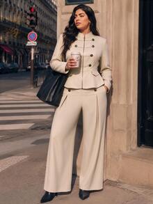 Juhart Plus Size Autumn/Winter Stand Collar Front Zipper Double-Breasted Decorative Button Long Sleeve Wide Leg Napoleon Style 2 Pieces Set - Apricot - View 3