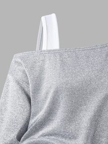 SHEIN Tween Girls Fall Clothes Letter Print Open Shoulder Asymmetrical Hem Casual Sweatshirt Fall Winter, Warm, Outfit, Comfortable, Daily, Long Sleeve - Grey - View 4
