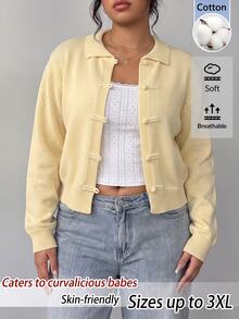 SHEIN BASICS Plus Size Women's Solid Color Long Sleeve Button-Front Knit Cardigan, Autumn/Winter - Yellow - View 7