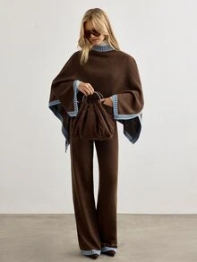 SHEIN طقم بونشو محبوك بني شوكولاتة مع حواف متباينة، كنزة كيب فضفاضة وبنطال واسع الساق متناسق - بني - مشاهدة 5