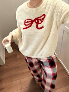ZzzCrew Plus Size Women's Printed Plaid Embroidered Bow Pajama Set - Apricot - View 2
