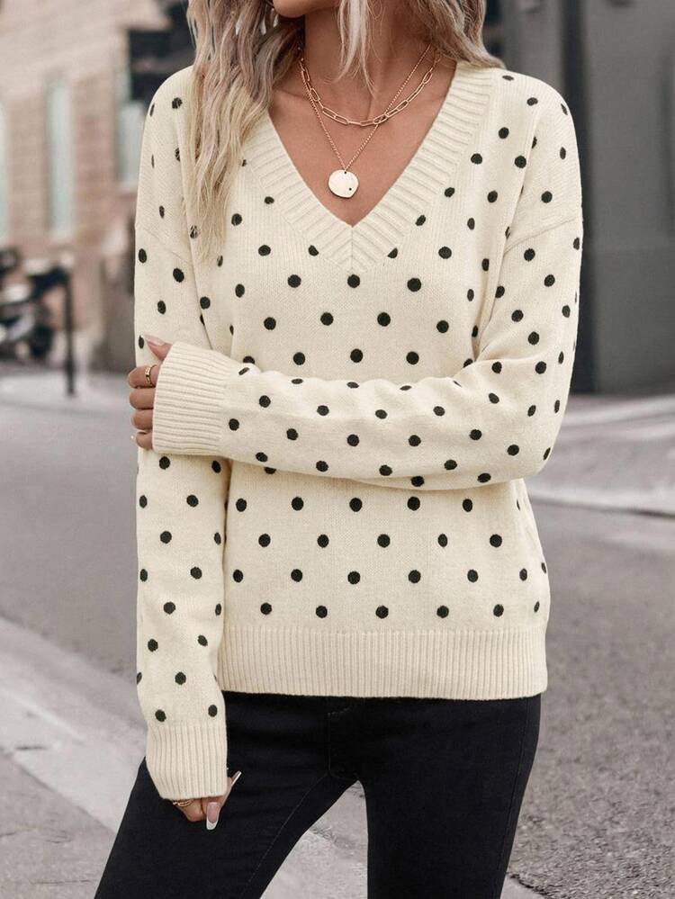 SHEIN LUNE كنزة نسائية كاجوال باللون الكاكي بنقشة نقاط بيضاء وياقة على شكل حرف V، ملابس خريفية للنساء، إطلالة عيد الميلاد والسنة الجديدة، ملابس علوية للخروج، ملابس علوية بنقشة نقاط بيضاء - متعدد الألوان - مشاهدة 5
