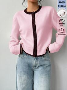 SHEIN BASICS 女款拼色長袖單排扣休閒針織開襟衫 - 粉色 - 查看 8