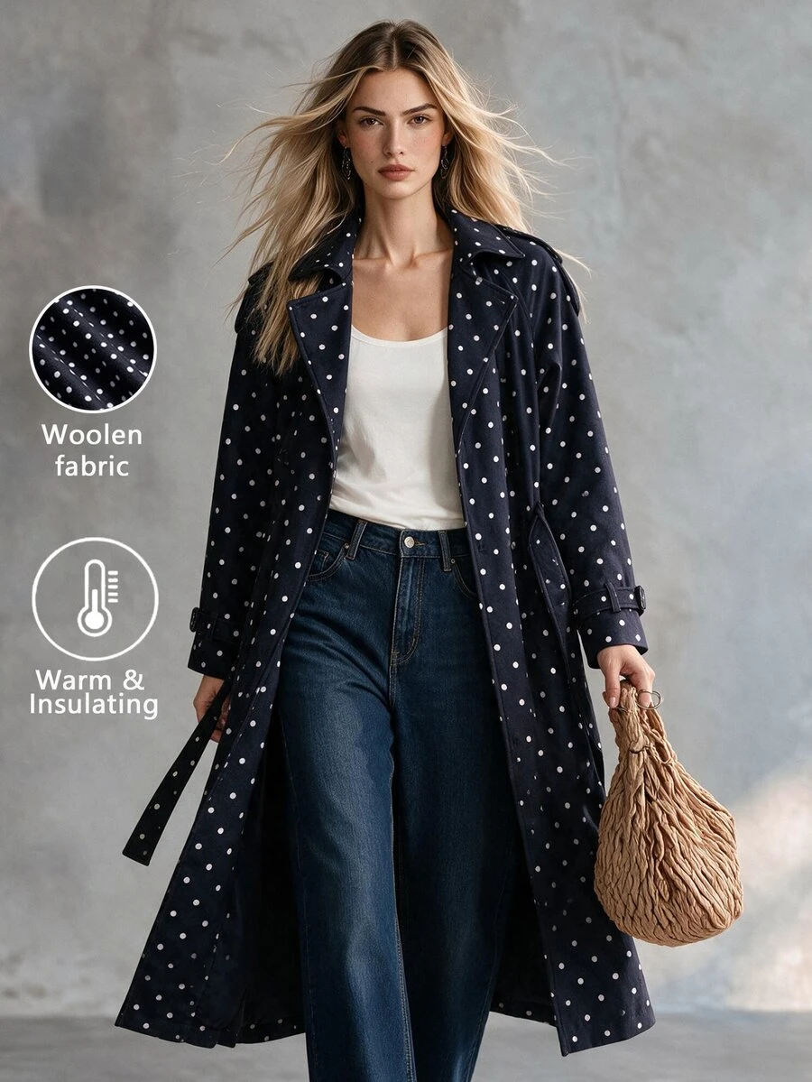 Trelyra European & American Style Autumn/Winter New Fashion Versatile Polka Dot Wool Blend Belted Elegant Commuter Design Classic Long Overcoat - Multicolor - View 1