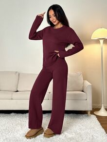 SHEIN PETITE 女款純色圓領長袖毛衣與長褲休閒套裝，標準版型，秋冬小個子居家室內度假咖啡棕 - 中紫紅色 - 查看 5