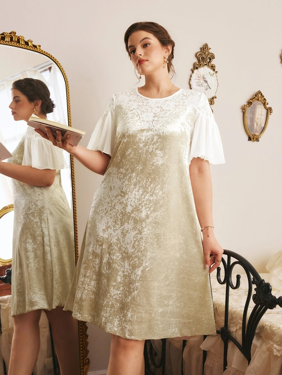 Côtesoire Plus Size Women's Round Neck Ruffle Short Sleeve Loose Elegant Nightgown - Apricot - View 1