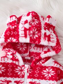 SHEIN Young Boy Christmas Reindeer Print Zipper Front Cute Hooded Jumpsuit - Red - View 7
