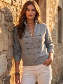 Linhara New Chinese Style Stand Collar Zipper Knit Cardigan Women's National Style Double-Breasted Button Short Loose Sweater Jacket Autumn/Winter - Grey - View 1
