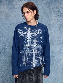ROMWE MEN Casual 男士深色骷髏圖案印花長袖運動衫 - 藏蓝色 - 查看 4