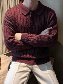 Claim Dot Men's Solid Color Cable Polo Collar Casual Long Sleeve Pullover Sweater , Fall/Winter - Burgundy - View 4