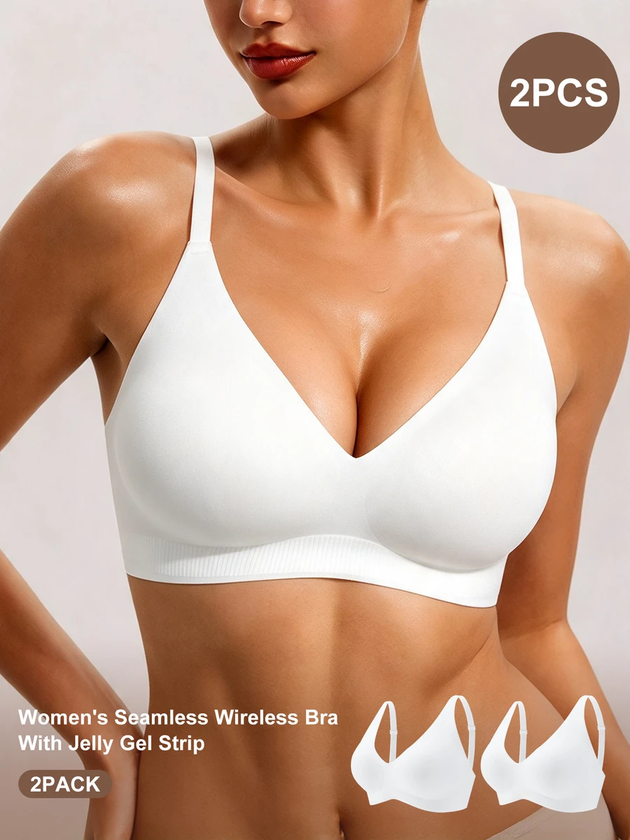 Barelissa 2pcs Women's Seamless Jelly Glue Strong Support Non-Removable Cotton Cup Wire-Free Deep V Neck Bra