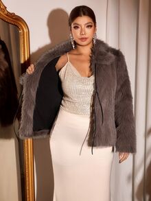 Cravure Plus Size Autumn/Winter Long Sleeve Faux Fur Coat With Lapel Collar - Red Violet - View 8