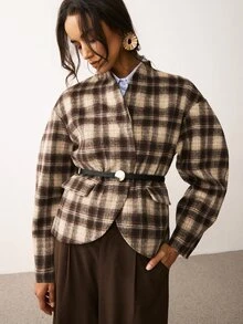 ATUI Studio Women's Fashion Plaid Long Sleeve Overcoat, Versatile - Brown - View 3
