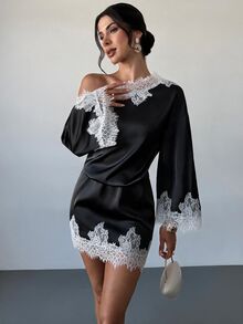 Firerie 女款優雅秋季沙烏地國慶返校季不對稱單肩蕾絲拼接喇叭袖淺灰藍迷你洋裝 - 黑色 - 查看 9
