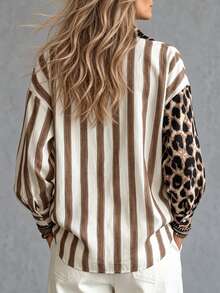 Trelyra Women's New Autumn/Winter Leopard Print Patchwork Striped Button-Down Long Sleeve Shirt - Khaki - View 2