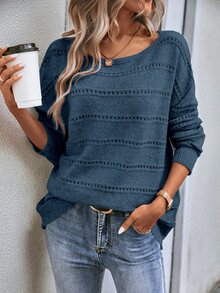 SHEIN LUNE Pointelle Knit Drop Shoulder Knit Pullover Fall Winter Sweater - Dusty Blue - View 6