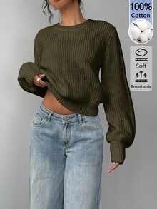SHEIN BASICS 女款圓領長袖純色毛衣，純白色，適合早午餐、學校、居家、日常穿著，秋季休閒基礎款，畢業大學風格 - 軍綠色 - 查看 3